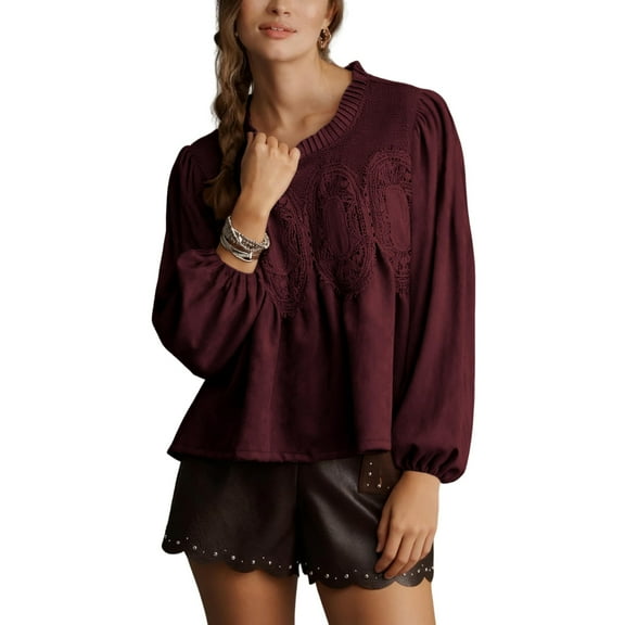 Women's Elegant Lace Suede Flared Blouse Crew Neck Swing Babydoll Tops Intricate Mesh Loose Shirts