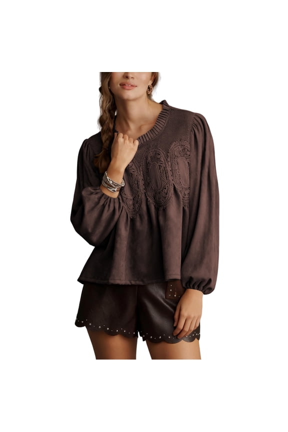 Women's Elegant Lace Suede Flared Blouse Crew Neck Swing Babydoll Tops Intricate Mesh Loose Shirts