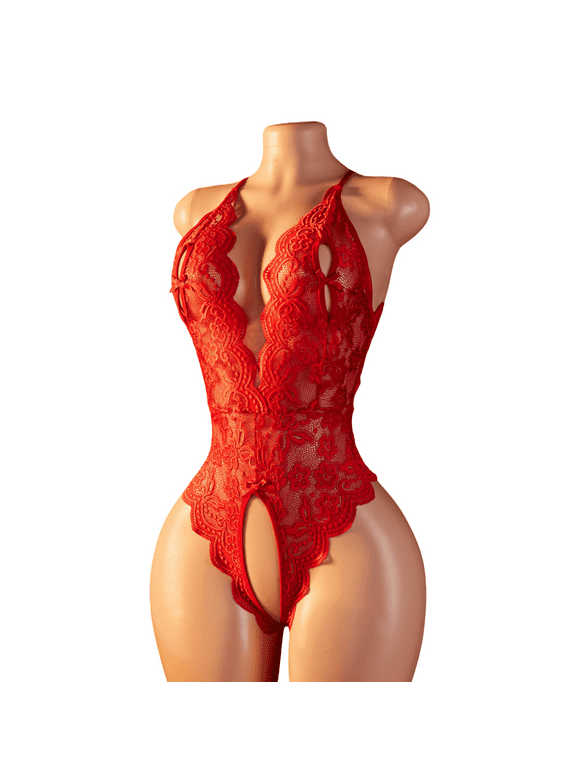 Women's Elegant Lace Trim Comfort Bodysuit For Women Flattering Contour Fit Lingerie One Piece Red XL