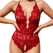 AESKEIA Women's Elegant Lace Trim Comfort Bodysuit For Women Flattering Contour Fit Lingerie One Piece Red S