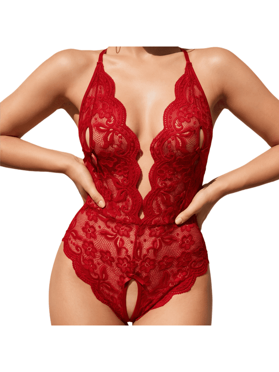 Women's Elegant Lace Trim Comfort Bodysuit For Women Flattering Contour Fit Lingerie One Piece Red M
