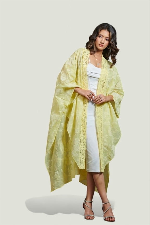 Women's Elegant Lace Trimmed Yellow Kimono