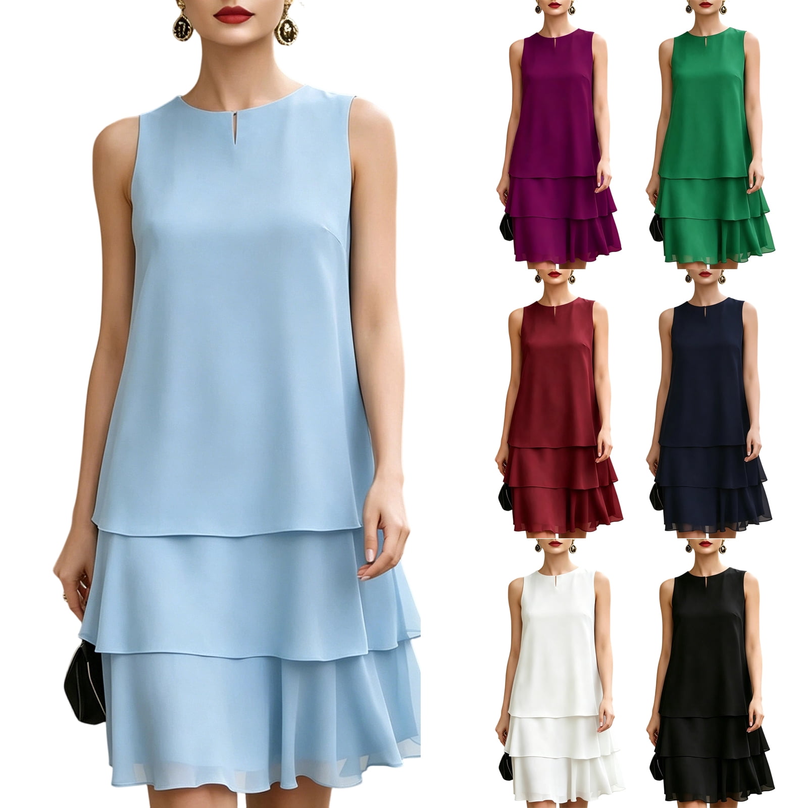 tiered chiffon shift dress Women's Chiffon Midi Dress 3/4 Bell Sleeve Crewneck Tiered Layered Elegant Wedding Guest Dresses, Party Dress(Black,XXXL)