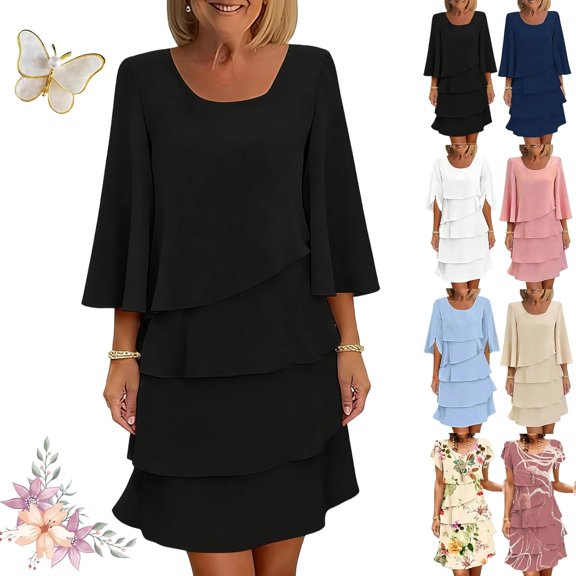 Women's Elegant Layered Ruffle Sleeve Dress, Casual Crew Neck Short Sleeve Flowy Midi Long Tiered Ruffle Dress for Women