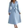 thumbnail image 1 of Women's Elegant Long Sleeve Pleated Midi Dress with Belt V-Neck Button Down A-Line Dress for Formal and Casual Occasions, 1 of 5