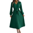 thumbnail image 1 of Women's Elegant Long Sleeve Pleated Midi Dress with Belt V-Neck Button Down A-Line Dress for Formal and Casual Occasions, 1 of 5