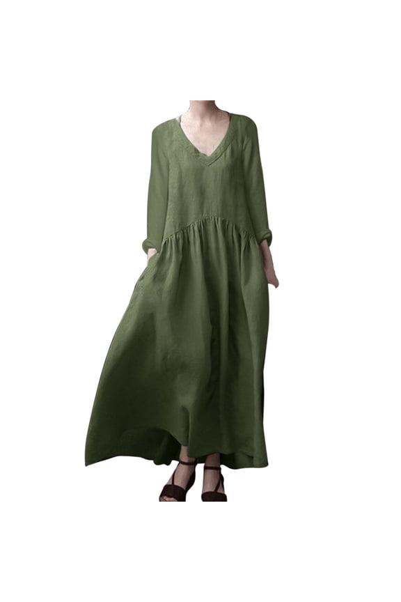 Women's Elegant Long Sleeve V Neck Linen Maxi Dress Stylish Vest Design Comfortable Casual Summer Outfit