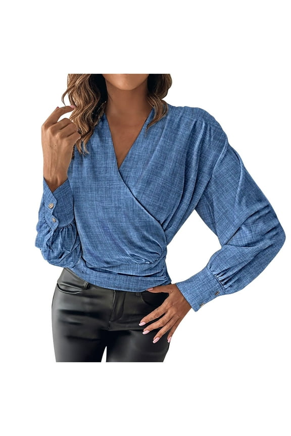 Women's Elegant Long Sleeve Work Shirt V Neck Wrap Top Draped Front Ruched Solid Formal Office Blouse Shirt