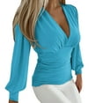 thumbnail image 1 of Women's Elegant Long Sleeved Sexy V Neck Printed Shirt Autumn/Winter Solid Color Fashion Blouse, 1 of 2