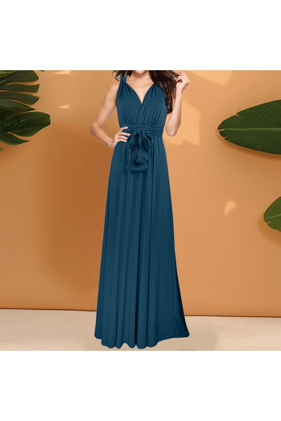Women's Elegant Long V Neck Evening Dress Convertible Wrap Way Bridesmaid Gown For Wedding Guest Party Casual Wear Sleeveless Summer Dresses for Women Cute Womens Dresses for Summer Women Casual
