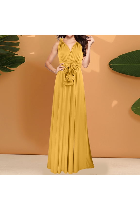 Women's Elegant Long V Neck Evening Dress Convertible Wrap Way Bridesmaid Gown For Wedding Guest Party Casual Wear Sleeveless Summer Dresses for Women Cute Womens Dresses for Summer Women Casual