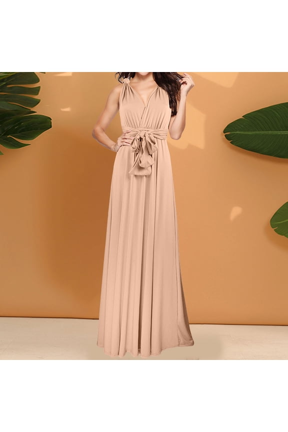 Women's Elegant Long V Neck Evening Dress Convertible Wrap Way Bridesmaid Gown For Wedding Guest Party Casual Wear Sleeveless Summer Dresses for Women Cute Womens Dresses for Summer Women Casual