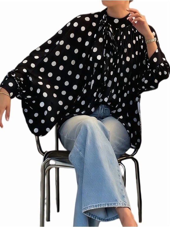 Women's Elegant Loose Fit Puff Sleeve Polka Dot Print Tie Front Sheer Blouse for Daily Wear Black L