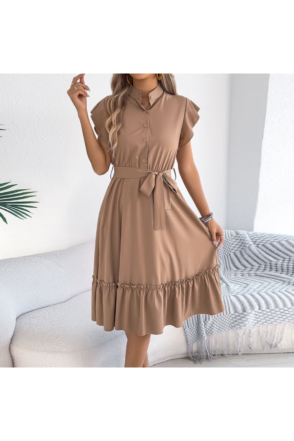 Women's Elegant Midi A-Line Dress Flutter Sleeve Stand Collar Button Front Tie Waist Ruffle Hem Swing Dress for Cocktail Party Wedding Guest Office Work Summer