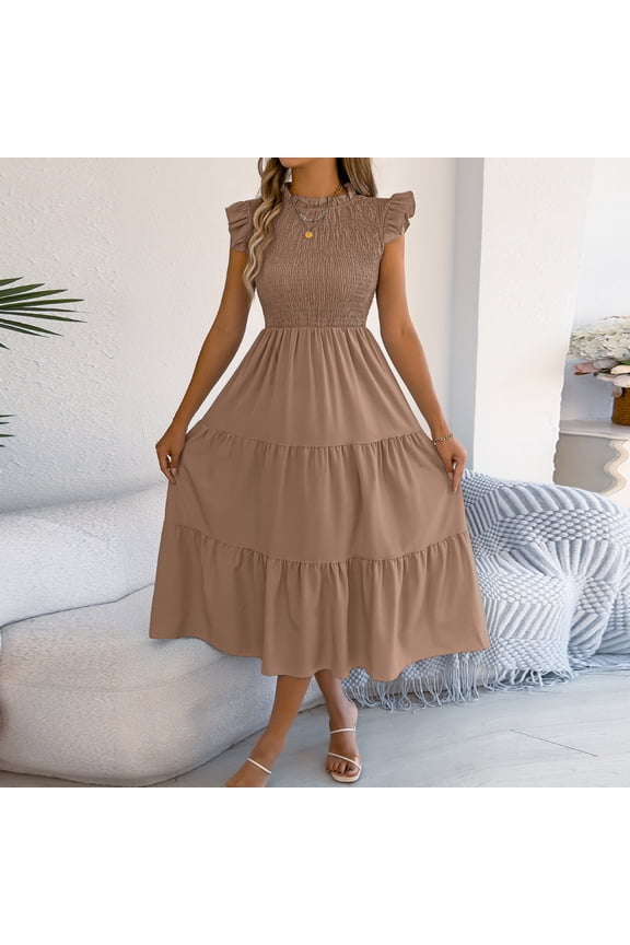 Women's Elegant Midi A-Line Dress Smocked Bodice Flutter Sleeve Mock Neck Tiered Swing Dress Flowy Lightweight Flattering Dress for Wedding Guest Party Sunday Brunch