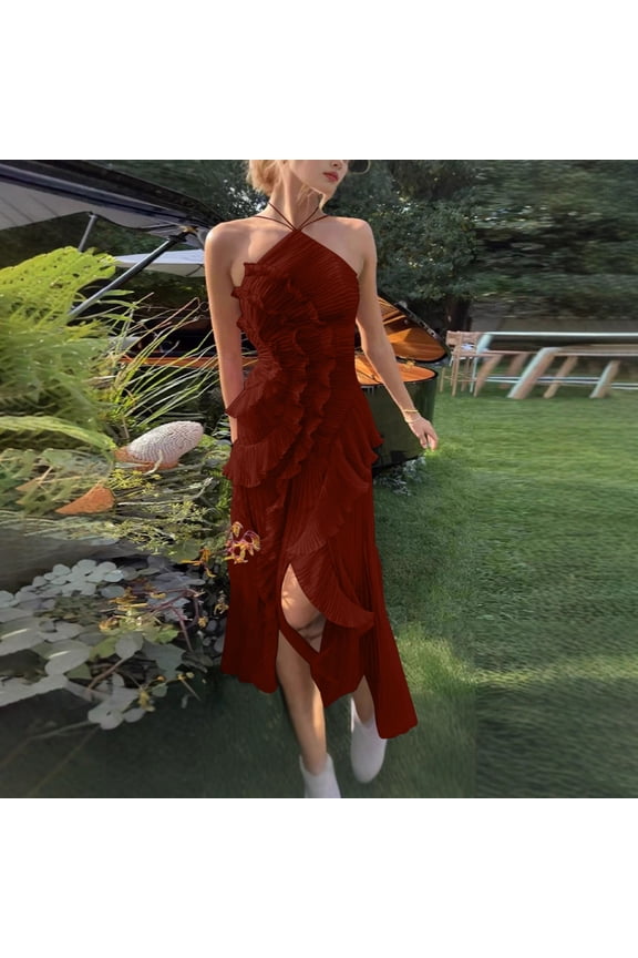 Women's Elegant Midi Pleated Dress Halter Neck Sleeveless Ruffle Layered Detail Irregular Hem Flowy Chiffon Feel Cocktail Wedding Guest Evening Party Formal Dress