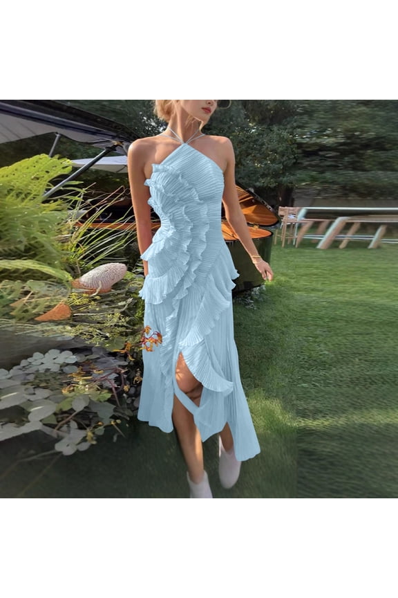 Women's Elegant Midi Pleated Dress Halter Neck Sleeveless Ruffle Layered Detail Irregular Hem Flowy Chiffon Feel Cocktail Wedding Guest Evening Party Formal Dress