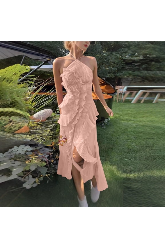 Women's Elegant Midi Pleated Dress Halter Neck Sleeveless Ruffle Layered Detail Irregular Hem Flowy Chiffon Feel Cocktail Wedding Guest Evening Party Formal Dress