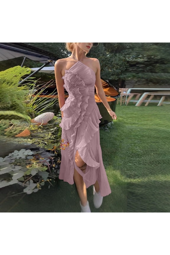 Women's Elegant Midi Pleated Dress Halter Neck Sleeveless Ruffle Layered Detail Irregular Hem Flowy Chiffon Feel Cocktail Wedding Guest Evening Party Formal Dress