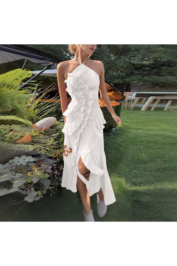 Women's Elegant Midi Pleated Dress Halter Neck Sleeveless Ruffle Layered Detail Irregular Hem Flowy Chiffon Feel Cocktail Wedding Guest Evening Party Formal Dress