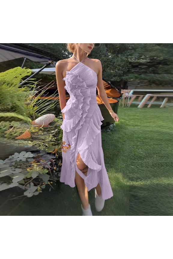 Women's Elegant Midi Pleated Dress Halter Neck Sleeveless Ruffle Layered Detail Irregular Hem Flowy Chiffon Feel Cocktail Wedding Guest Evening Party Formal Dress