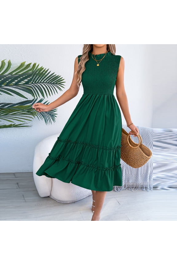 Women's Elegant Midi Tiered Dress Sleeveless Mock Neck Smocked Bodice High Waisted A-Line Swing Dress Flowy Lightweight Flattering Dress for Wedding Guest Party Date