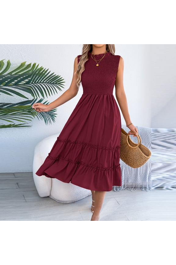 Women's Elegant Midi Tiered Dress Sleeveless Mock Neck Smocked Bodice High Waisted A-Line Swing Dress Flowy Lightweight Flattering Dress for Wedding Guest Party Date
