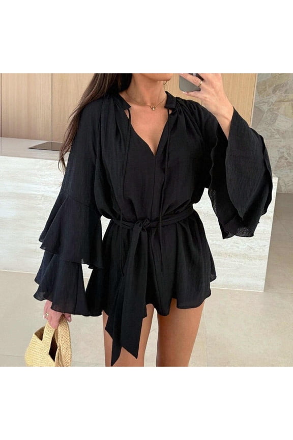 Women's Elegant Mini Wrap Dress V Neck Ruffle Layered Flare Sleeve Tie Waist Tunic Dress Lightweight Flowy Chiffon Feel Club Party Cocktail Date Night Stylish Apparel
