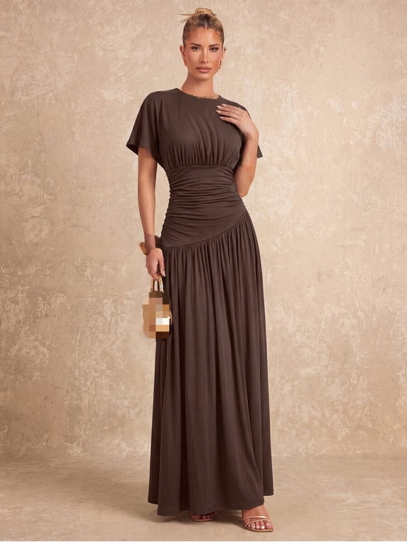Women's Elegant Mocha Maxi Dress Boat Neck Flutter Sleeves Ruched Drop Waist Flowy Full Length