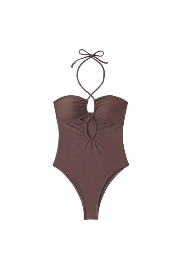 Women's Elegant Monokini One Piece Swimsuit - Solid Color Slim Fit Plunge Bathing Suit, Comfortable Stretch Swimwear for Beach & Pool(Brown,M)