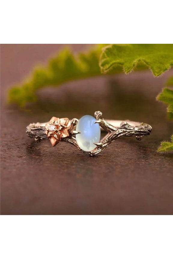 Womens Ring with Natural Moonstone Inlay Vintage Silver Finish Ancient Tree Geometric Design Alloy Finger Ring Fashion