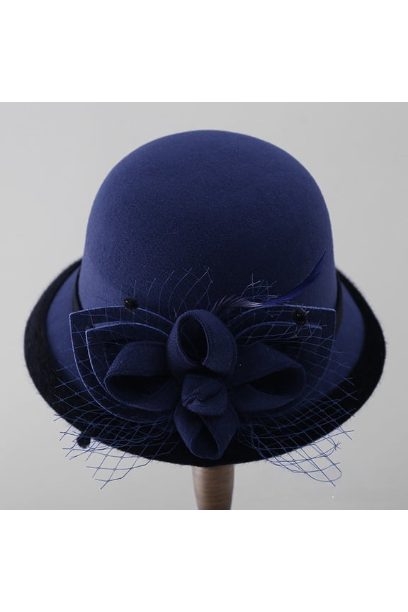 Women's Elegant Net Fabric Flower Bucket Hat, Wool Blend Fisherman Hat, Vintage Round Top Cloche for Tea Party, Wedding, Church, and Fall Winter Fashion Navy