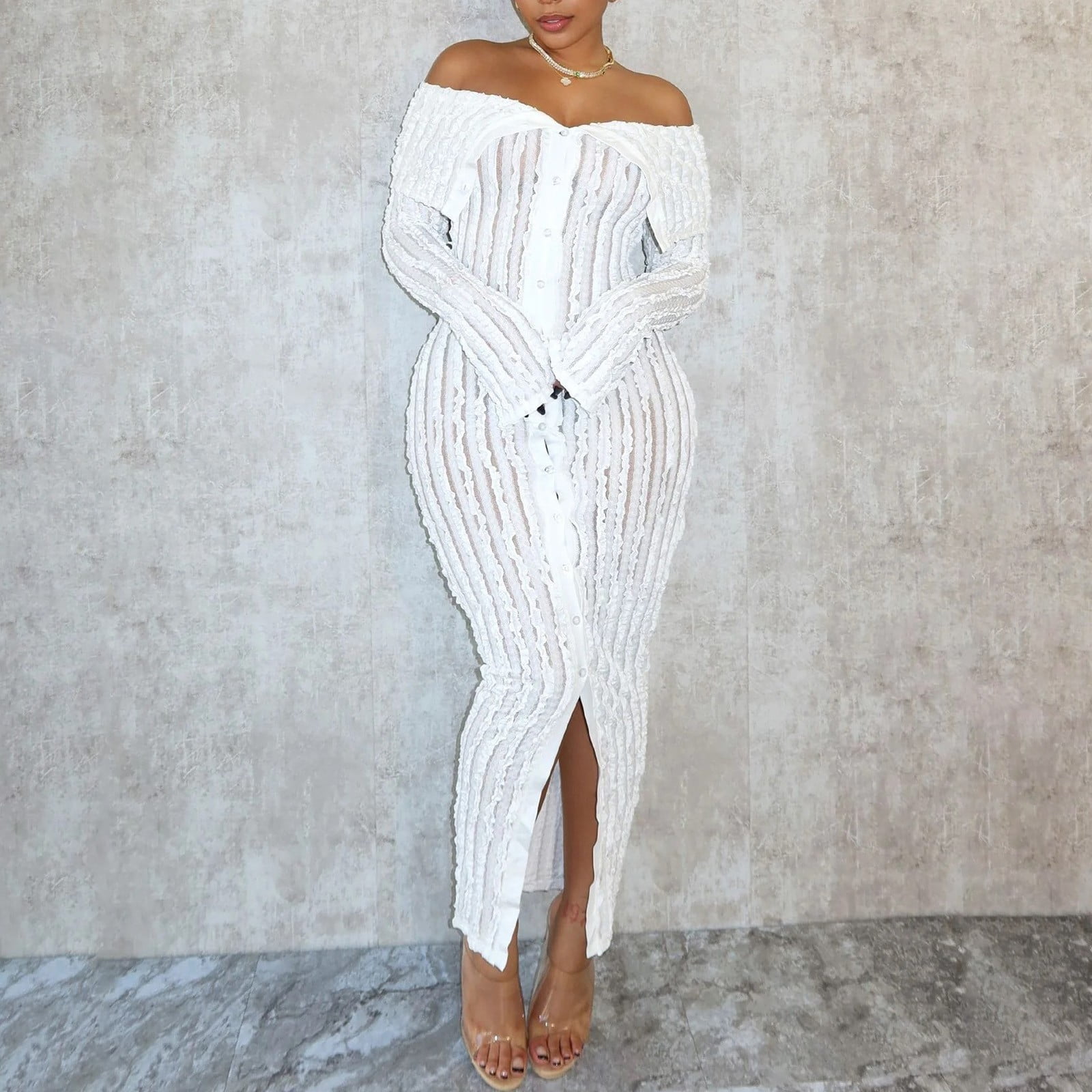 Women s Elegant Off Shoulder Dress Sexy Long Sleeve Button Down Split Ruffle Bodycon Midi Dresses Walmart