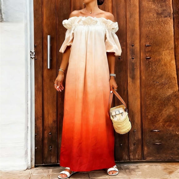 Women's Elegant Off Shoulder Maxi Dress Ruffle Neckline Half Puff Sleeve Ombre Gradient Flowy Loose Fit Swing Gown For Summer Vacation Beach Or Party