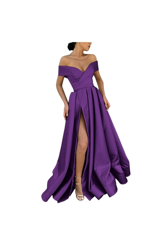 Women's Elegant Off Shoulder Satin Maxi Evening Dresses Sexy Low Cut Formal Cocktail Party High Slit Prom Dress