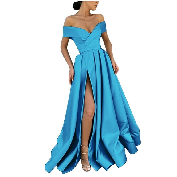 Women's Elegant Off Shoulder Satin Maxi Evening Dresses Sexy Low Cut Formal Cocktail Party High Slit Prom Dress