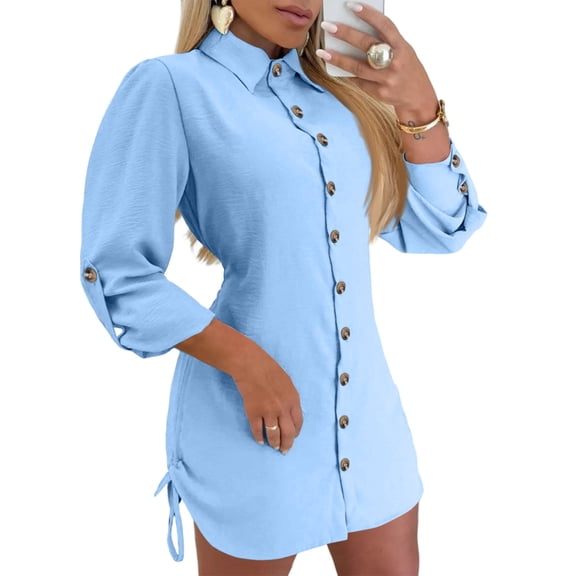 Women's Elegant Office Work Dresses Fashion Minimalist Button Up Dress Atmospheric Slim Fit Dress Loose Woman Clothes Cotton Linen Long Sleeved Casual Loose Shirt Dress Sky Blue S