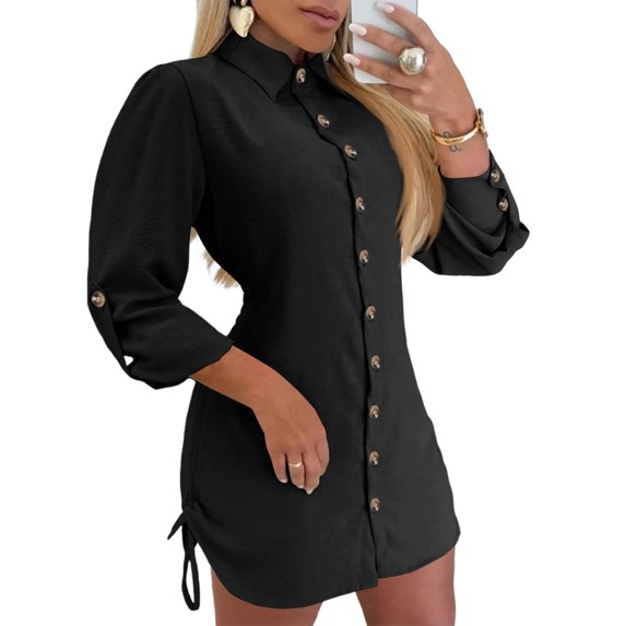 Women's Elegant Office Work Dresses Fashion Minimalist Button Up Dress Atmospheric Slim Fit Dress Loose Woman Clothes Cotton Linen Long Sleeved Casual Loose Shirt Dress Black M