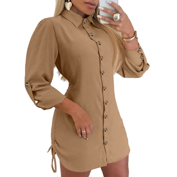 Women's Elegant Office Work Dresses Fashion Minimalist Button Up Dress Atmospheric Slim Fit Dress Loose Woman Clothes Cotton Linen Long Sleeved Casual Loose Shirt Dress Camel L