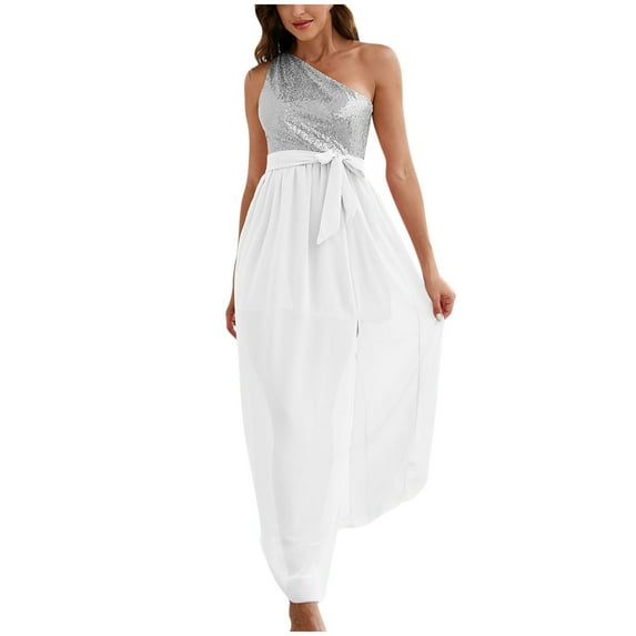 Women's Elegant One Shoulder Dresses Casual Loose Dress Sleeveless Sequin Dress Empire Waist Party Maxi Dresses Gown