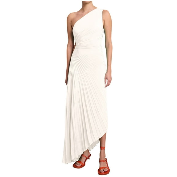 Women's Elegant One Shoulder Pleated Maxi Dresses Waist Side Tie Irregular Hem Dress Party Formal Dress