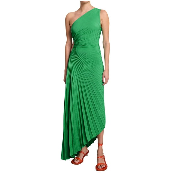 Women's Elegant One Shoulder Pleated Maxi Dresses Waist Side Tie Irregular Hem Dress Party Formal Dress