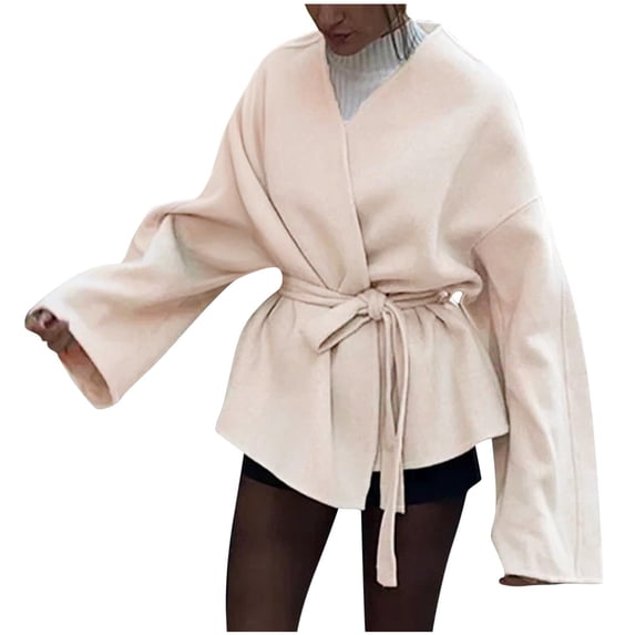 Women's Elegant Open Front Sweater Belted Coat V Neck Cardigan Slim Outerwear Coat Mid-Length Suit Jacket