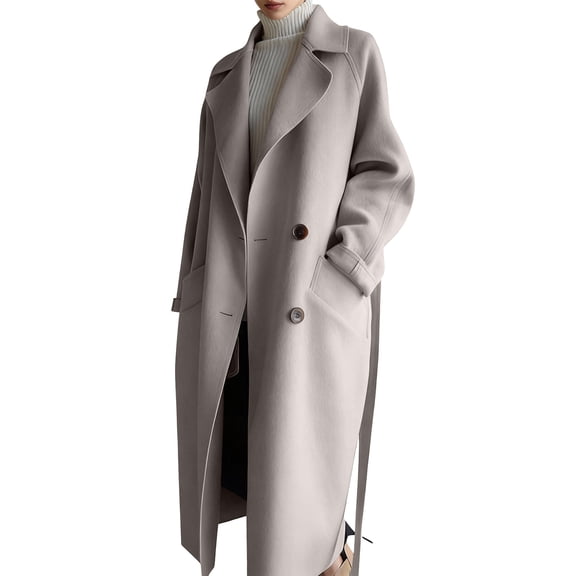 Women's Elegant Over-the-Knee Wool Coat - Loose Fit Belted Winter Outerwear, Stylish Warm Long Coat, Beige Size L