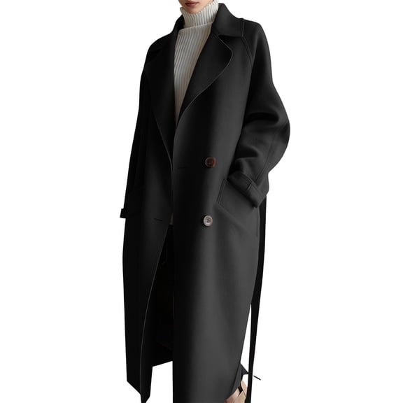 Women's Elegant Over-the-Knee Wool Coat - Loose Fit Belted Winter Outerwear, Stylish Warm Long Coat, Black Size M