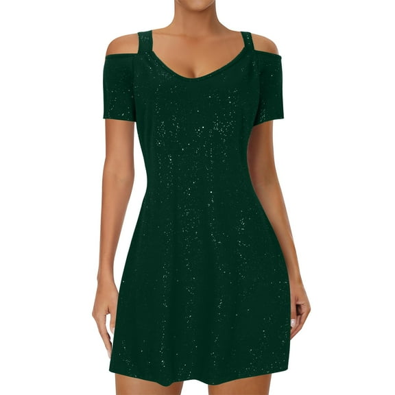 Women's Elegant Party Dress Cold Shoulder Short Sleeve Glitter Ruched Mini Dress for Evening Green 2XL