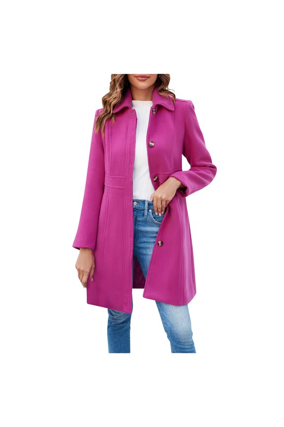 Women's Elegant Pea Coat - Single Breasted Lapel Long Sleeve Winter Coat, Stylish Warm Outerwear, Fuchsia Size M