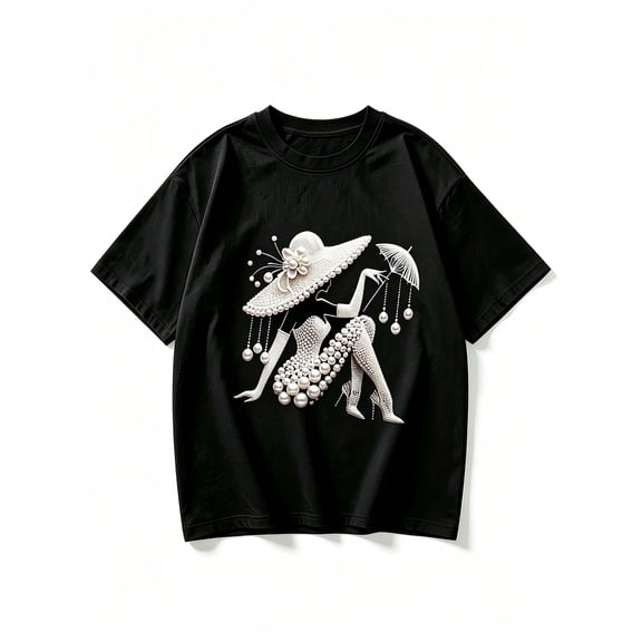 Women's Elegant Pearl Lady Silhouette Graphic T-Shirt Black Crew Neck Short Sleeve Oversized Casual Top