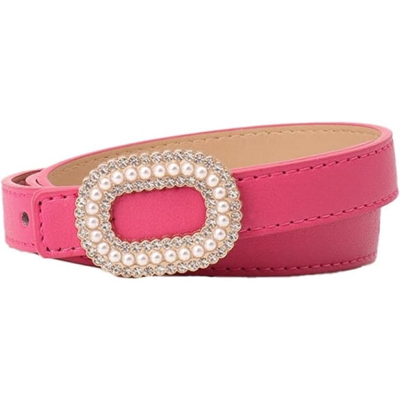 Women's Elegant Pearl Rhinestone Buckle Skinny Leather Adjustable Belt for Jeans Dresses Pants