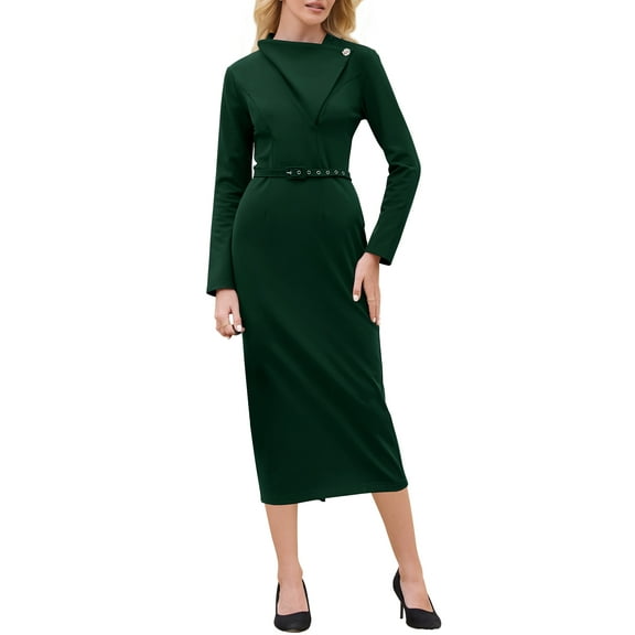 INSPIRE CHIC Women's Elegant Pencil Dress Lapel V Neck Long Sleeve 2025 Trendy Work Knee Length Dresses M Dark Green